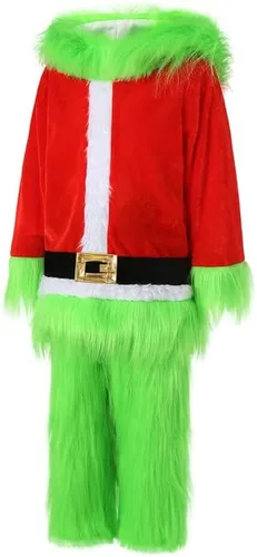 Vista 3 de Passec Disfraz de Navidad para niños y niñas, disfraz de monstruo peludo verde de Papá Noel, conjunto de ropa de Navidad
