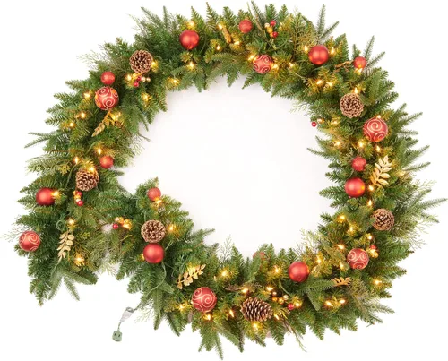 Vista 8 de Guirnalda de Navidad preencendida de 9 pies con bayas y bolas doradas, piña, flor dorada y 50 luces LED blancas suaves que funcionan