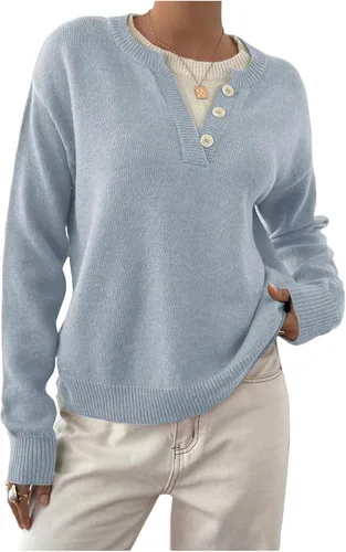 Vista 14 de SOLY HUX Suéteres Pullover para Mujer de Manga Larga con Botones Cuello Redondo 2 en 1 Tops de Punto Holgados Albaricoque puro