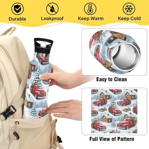 Vista 4 de Kids Water Bottle for School Leakproof Insulated Water Bottles 20oz, BPA-Free, Christmas Vintage Red Trucks
