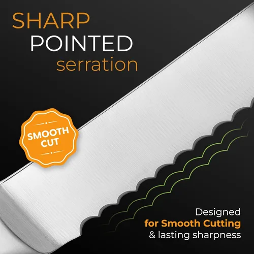 Vista 6 de Cuchillo de Pan Dentado Orblue con Borde Ondulado Súper Afilado de Acero Inoxidable Mejorado - Cortador de Pan Ideal para Rebanar Bagels Caseros