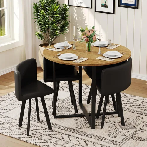 Vista 3 de Juego de mesa de comedor redonda de 39.5 pulgadas para 4, juego de mesa de comedor de 5 piezas con 4 sillas plegables, juego de sillas de mesa