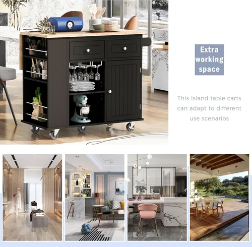 Vista 16 de LUMISOL Carrito de isla de cocina con ruedas de bloqueo con 2 cajones y 4 gabinetes, isla de cocina rodante con estantes ajustables, mesa de madera