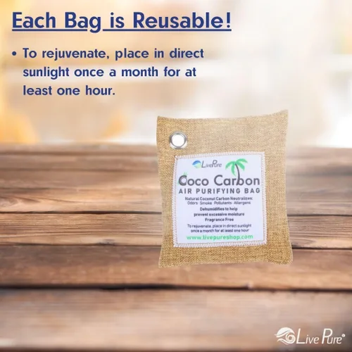 Vista 7 de LivePure CocoCarbon - Bolsa purificadora de aire de coco y carbono, eliminador de olores, paquete de 7, color gris