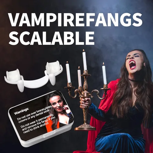 Vista 2 de 3 colmillos de vampiro retráctiles de Halloween, horribles dientes de colmillos de vampiro, no rayan las encías, dientes falsos de colmillos