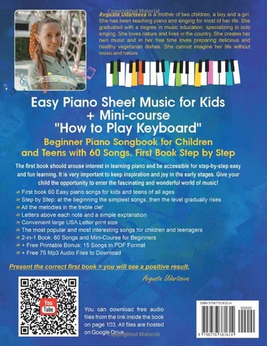 Vista 2 de Easy Piano Sheet Music for Kids + Mini-course "How to Play Keyboard" Beginner Piano Songbook for Children and Teens with 60 Songs. First Book Step