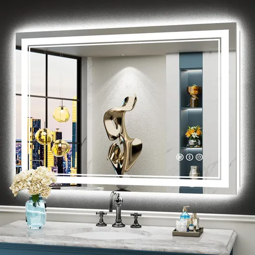 Vista 75 de Espejo de baño LED de 48 x 30 pulgadas con luces, retroiluminado + frontal iluminado, espejo de tocador con luz antiniebla para pared de baño con 3