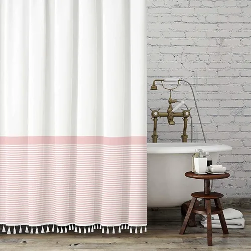 Vista 18 de Cortina de ducha gris Seasonwood Moderna de tela con borlas blancas, cortinas de ducha estilo casa de campo a rayas, impermeable, 72x72 pulgadas