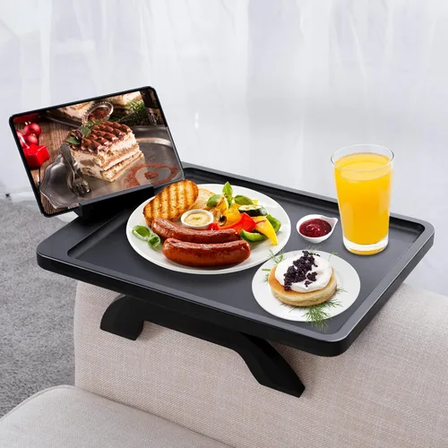 Vista 15 de SINWANT Mesa de Brazo para Sofá, Mesas de Reposabrazos de Sofá de Madera de Acacia, Mesa de Reposabrazos de Sofá con Soporte para Teléfono de 360°