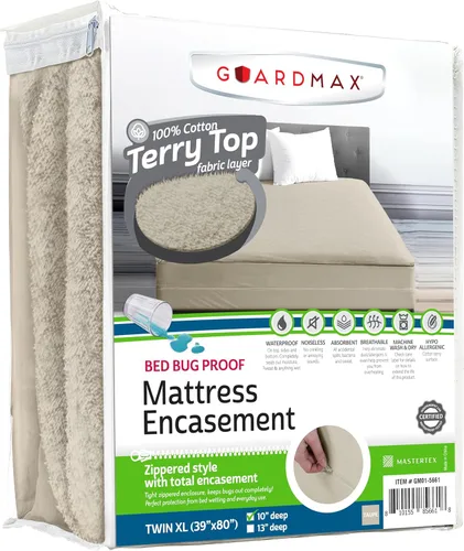 Vista 14 de Guardmax Funda de colchón individual con cremallera, protector de colchón 100% impermeable, suave y absorbente de algodón de rizo superior