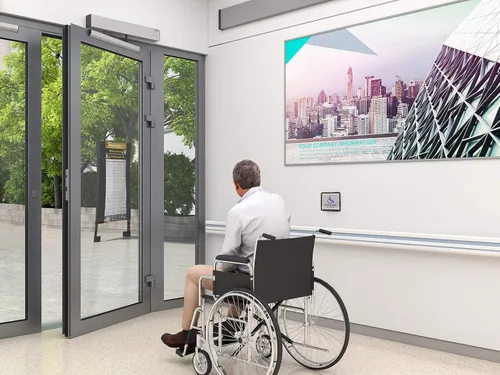 Vista 8 de Abridor de puerta para discapacitados, operador de puerta abatible ADA de baja energía con botones de presión de acero inoxidable para discapacitados