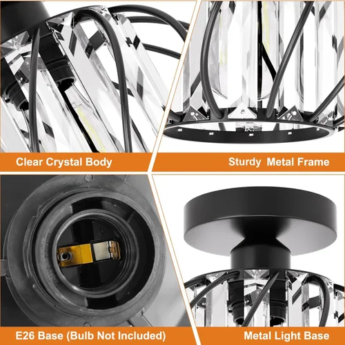 Vista 5 de FRIDEKO HOME Paquete de 2 Luces de Techo Semi Empotradas - Pequeña Lámpara de Araña de Cristal para Pasillo con Jaula de Metal Negro, Accesorio