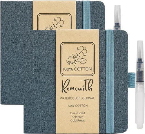 Vista 15 de Cuaderno de bocetos de acuarela, 5.5" x 5.5" Libros de bocetos Artista Cuaderno de papel de acuarela de algodón, cubierta de lino con bolígrafo