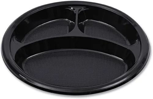 Vista 2 de Boardwalk BWKPLTHIPS10BL3 - Platos llanos de plástico de alto impacto de 3 compartimentos de 10 pulgadas de diámetro, color negro (500/caja)