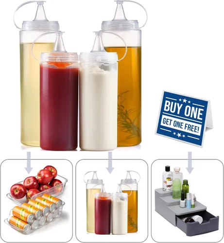 Vista 2 de Crystalia Botellas exprimibles, juego de botellas para chorros con tapa, recipiente para condimentos para aceite, salsa de tomate y mostaza, jarabe