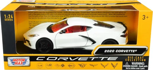 Motormax Juguete Chevy Corvette C8 Stingray 2020 blanco con historia interior roja de Corvette Series 1/24 modelo de auto fundido a presión por