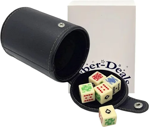 Juego de dados de póquer de 0.630 in y taza de dados de cuero sintético negro con forro de terciopelo negro con compartimento de almacenamiento