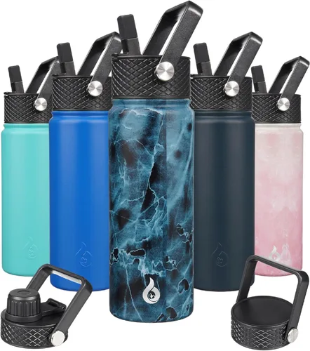 Vista 86 de BJPKPK - Botellas de agua aisladas con tapa de popote, botellas de agua de acero inoxidable de 40 onzas con 3 tapas, termo a prueba de fugas sin