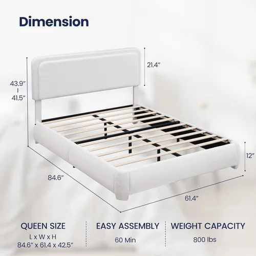 Vista 2 de Flolinda Base de cama tapizada de tamaño Queen con cabecera ajustable, plataforma moderna con listones de madera de tela Boucle, perfil bajo,