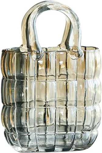 Vista 3 de Estink Jarrón de cristal con forma de bolso, arreglo floral, soporte para ramo de flores, centro de mesa transparente hecho a mano para decoración