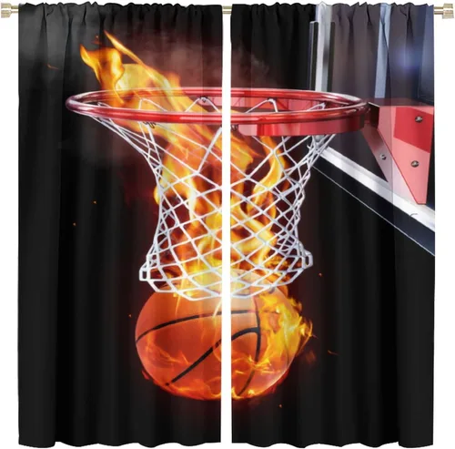 Cortinas deportivas de baloncesto para niños, patrón de llama de bola 3D naranja, 42 pulgadas de ancho x 45 pulgadas de largo