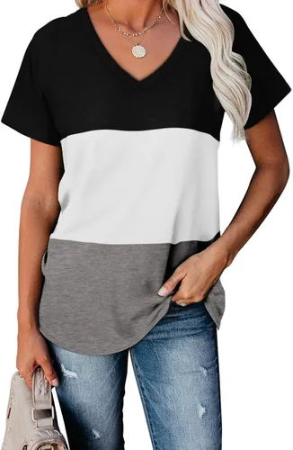 Vista 2 de WEESO - Camisetas de verano para mujer con cuello en V en bloques