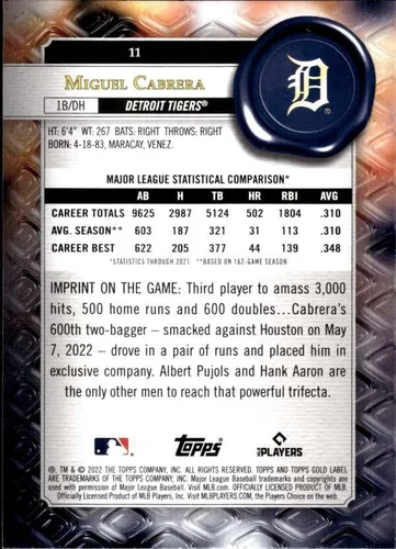 Vista 2 de 2022 TOPPS GOLD LABEL CLASS 1#11 MIGUEL CABRERA DETROIT TIGERS BASEBALL OFFICIAL TRADING CARD OF MLB