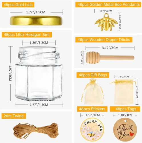 Vista 2 de GIVAMEIHF Mini tarros de miel de 1.5 onzas, 48 tarros hexagonales de miel con cucharón, cubierta dorada, colgante de abeja, bolsas de regalo