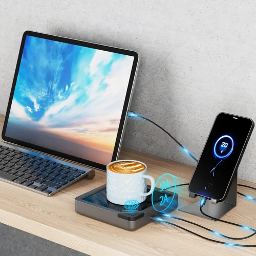 Vista 2 de Calentador de taza de café con 2 puertos de carga USB: calentador de cera de vela de apagado automático, accesorios de café para bebidas calentadas