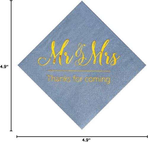 Vista 7 de Crisky Servilletas de boda color azul polvoriento, Mr & Mrs - Servilletas de postre doradas para cóctel, decoración de fiesta de compromiso
