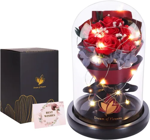 Regalos de rosa de Navidad para mujeres, regalos de cumpleaños, rosa La Bella y la Bestia en cúpula de cristal con 2 modos de luz, rosa encantada,