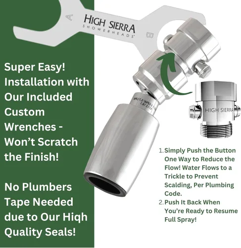 Vista 6 de High Sierra® - CLASSIC™ Cabezal de Ducha de Metal Sólido 1.25 GPM Ganador de Premios. Cabezal de Ducha de Ultra Bajo Flujo con Válvula de Goteo. Sin