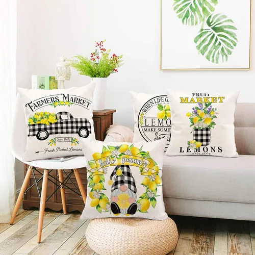 Vista 7 de Hexagram Lemon Farmhouse - Juego de 4 fundas de almohada de verano de 16 x 16 pulgadas, fundas de almohada de lino a cuadros de búfflao, diseño