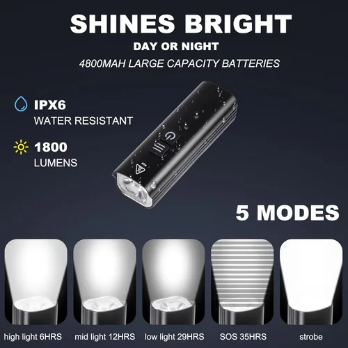 Vista 3 de 2 luces LED de 1800 lúmenes súper brillantes para bicicleta de noche, luz de bicicleta de 4800 mAh, 5 modos, luz impermeable recargable por USB