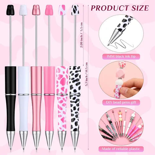 Vista 2 de Qeeenar 24 bolígrafos con cuentas con estampado de vaca, estilo occidental, a granel, de plástico, rosa, con cuentas, tinta negra, para estudiantes