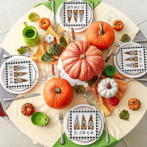 Vista 7 de AnyDesign Paquete de 80 servilletas de papel desechables de otoño con texto en inglés "It's Fall Y'all" Servilletas de almuerzo a cuadros, gnomo