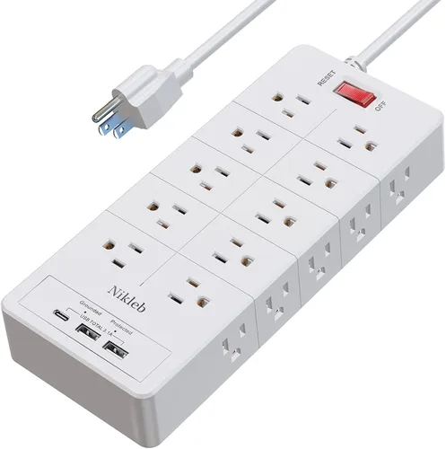 Vista 9 de Cargador de pared con protector de sobretensiones, regleta de alimentación con 12 tomas de corriente alterna anchas, bloques de carga USB de 4