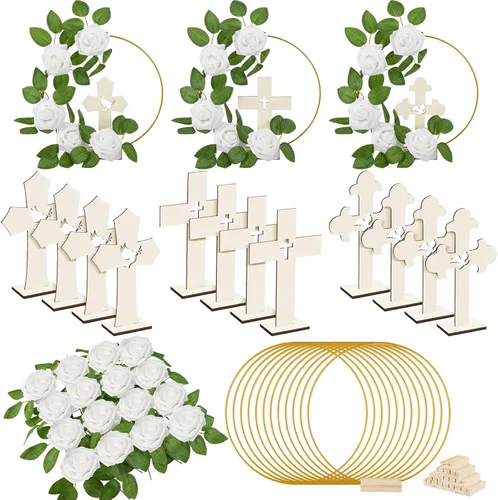 Vista 7 de Wesiti 48 piezas Centro de mesa para bautizo, decoración de mesa para primera comunión, 12 cruces de madera, 12 aros florales con soporte, 24 rosas