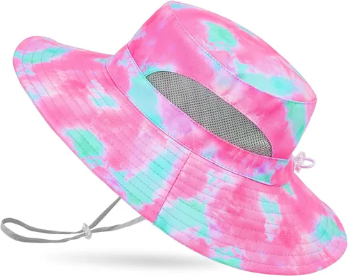 Vista 23 de Sombrero de sol para niñas de 2 a 8 años de malla con protección UV, sombrero de playa plegable para niñas de 2 a 8 años