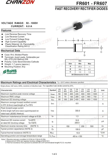 Vista 2 de Chanzon FR607 Diodo Rectificador de Recuperación Rápida 6A 1000V 150-500ns R-6 Axial 6 Amp 1000 Voltios Diodos Electrónicos
