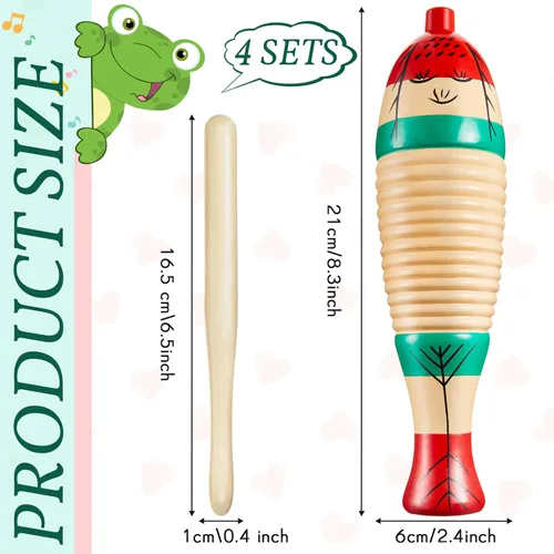 Vista 2 de 4 piezas de instrumentos de guiro en forma de pez de Navidad de 8.3 pulgadas, instrumento musical de percusión latina colorido con palos de ritmo