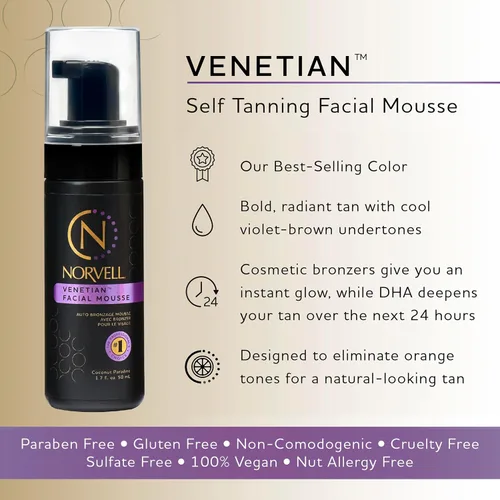 Vista 2 de Mousse autobronceador sin sol Norvell Venetian para la cara con bronceador 1.7 fl oz – Bronceado instantáneo de aspecto natural, anti naranja, sin