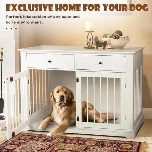 Vista 3 de LEMBERI Mueble de jaula para perros grande de 44 pulgadas con cajones de almacenamiento, mueble de perrera de madera para perros como mesa auxiliar