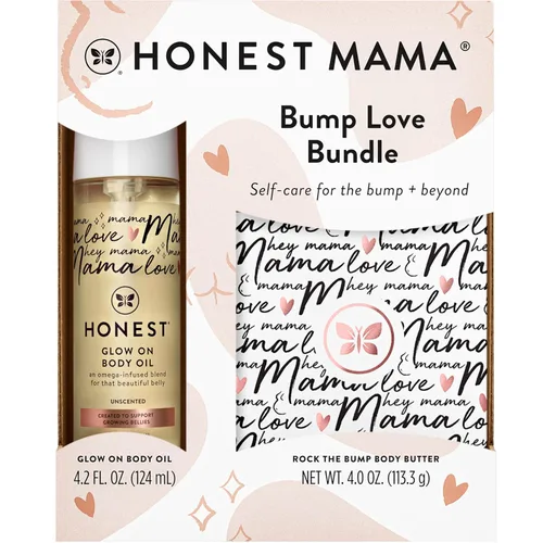 The Honest Company Mama Body and Belly Bump Love Bundle, aceite hidratante a base de plantas y crema de mantequilla para estrías