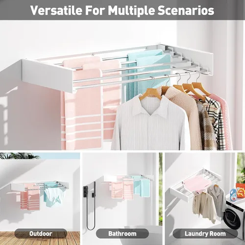 Vista 3 de Estante de secado de ropa montado en la pared, estante de lavandería extensible, estante de secado de ropa plegable en interiores, capacidad de 60