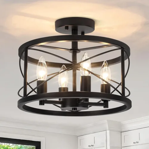 Vista 12 de Lámpara de techo moderna de granja de madera semiempotrada, accesorios de iluminación de pasillo y entrada, lámpara de techo industrial rústica de 3