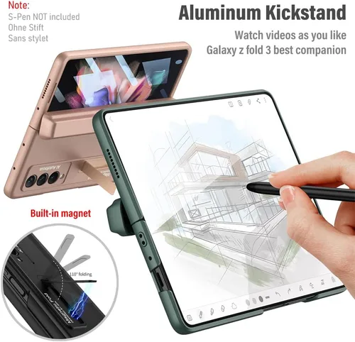 Vista 5 de Funda de teléfono para Samsung Galaxy Z Fold 3 5G con soporte para bolígrafo S y soporte de protección completa 360, protector de pantalla integrado