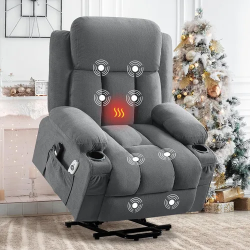 Silla reclinable de gran tamaño con masaje y calor para ancianos, silla reclinable extra ancha con bolsillo lateral, silla elevadora eléctrica con 2