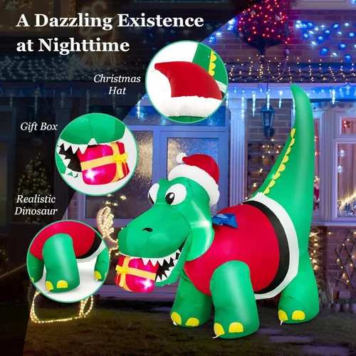 Vista 5 de Tangkula Mordedura inflable de dinosaurio de Navidad iluminada de 6 pies, caja de regalo, decoración inflable de Navidad con luces LED y caja