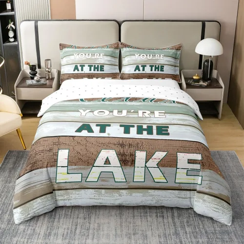 jejeloiu Juego de funda de edredón de 100 % algodón, diseño de reglas del lago, decoración de casa de lago, color verde, tamaño individual